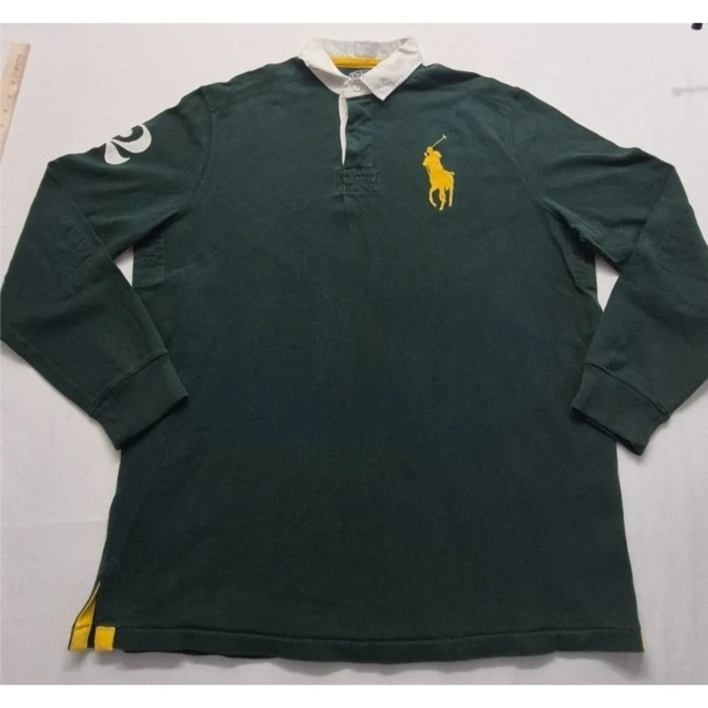 Polo Ralph Lauren men's green rugby shirt Yellow Big Pony Logo #2 LS Y2K‎ VTG